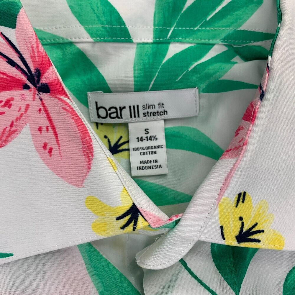 Bar III Mens Slim Fit Stretch Tropical Print Dress Shirt White Green S 14-14.5 - Picture 2 of 4